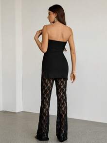 SHEIN Tall 女士性感优雅黑色蕾丝两件套,包含加厚罗纹抹胸上衣和蕾丝喇叭裤,高弹面料勾勒身形,适合约会、聚会、派对、夜店、夜生活等场合。网纱两件套黑色蕾丝 - 黑色 - 查看 3