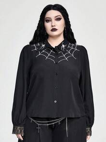 ROMWE Goth 深色哥特式蜘蛛网刺绣大码衬衫 - 黑色 - 查看 7