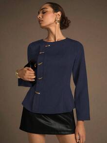 Modelyn NOVVYNE Woven Non-Stretch Black Long Sleeve Metal Button Fitted Outdoor Blouse, Fashionable & Elegant For Women Office Wear Commute - Navy Blue - View 6
