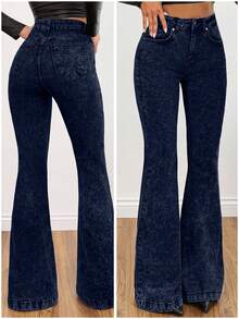 98%Cotton Grey Slim Fit Flared Jeans - Dark Wash - View 1