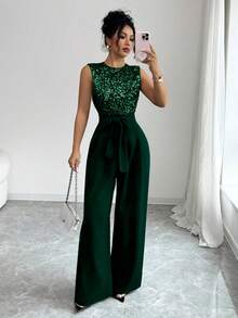 SHEIN Raffinéa 法式优雅度假连体裤，透视亮片拼接，后背拉链；腰部配有布腰带，泡泡袖褶皱设计，阔腿裤 - 墨綠色 - 查看 3