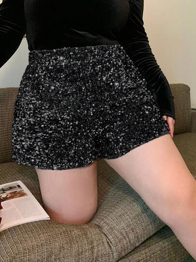 Dazy Plus Plus Size Elastic Waist Loose Sequin Shorts, All Season New Years Women Carnival