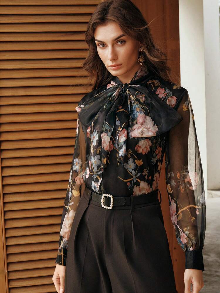 Elegant Vacation Floral Print Sheer Women Long Sleeve Blouse, Romantic Date, Casual Commute, Relaxed Fit