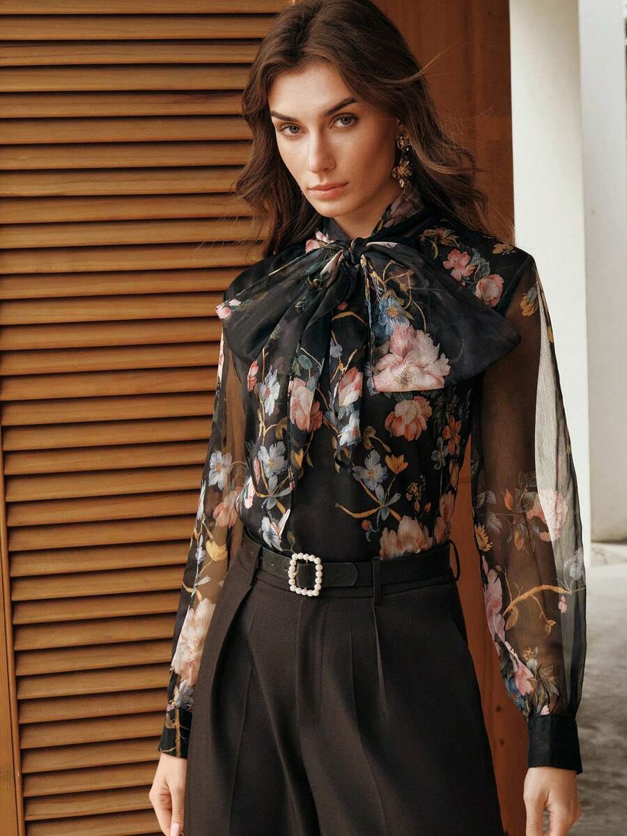 Anewsta Elegant Vacation Floral Print Sheer Women Long Sleeve Blouse, Romantic Date, Casual Commute, Relaxed Fit - Black - View 1