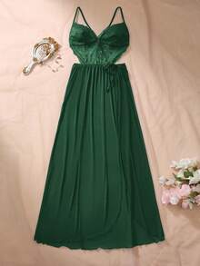 Đầm slip hở lưng xẻ cao màu trơn phối ren cho nữ - Màu xanh Ô liu - Xem 6