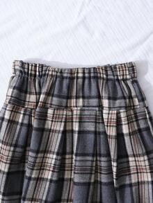 SHEIN 女童休闲长袖T恤和百褶裙套装，黑色罗纹上衣搭配棕色格子裙，适合散步、购物、旅行和外出，可搭配背心、夹克、外套。 - 淺灰色 - 查看 6