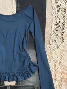 INAWLY Women's Round Neck Raglan Sleeve Contrast Lace Ruffle Hem Fashion T-Shirt - Blue - View 3