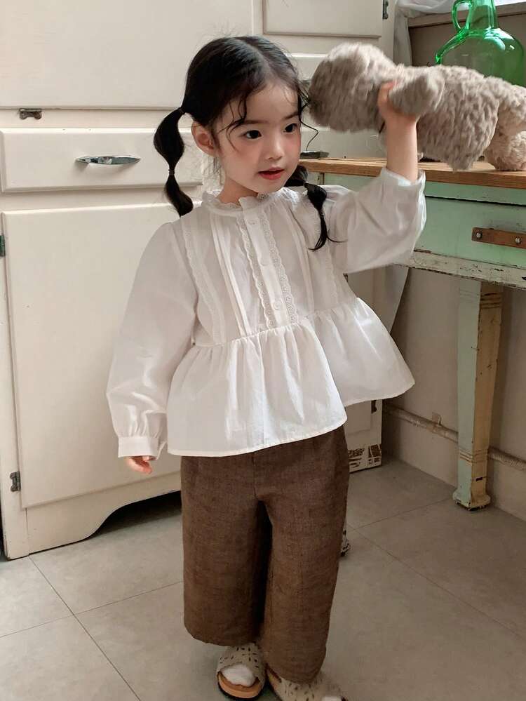Toddler Girls' Round Neck Ruffle Trim Solid Color Casual Chic Long Sleeve Blouse, Spring/Summer