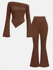 Girlism 少女休闲棕色褶皱长袖修身针织上衣和喇叭裤两件套，居家户外旅行装机场装 - 棕色 - 查看 9
