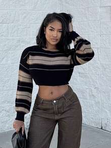 Alexandranx Women Crew Neck Long Sleeve Stripe Simple Short Casual Pullover Sweater,Long Sleeve Tops Knit Pullover Fall Winter Outfit - Black - View 5