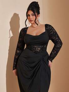 SHEIN BAE 大码女式深V领长袖缎面蕾丝拼接镂空花卉荷叶边黑色中长连衣裙，优雅复古休闲派对鸡尾酒礼服，适合圣诞节、情人节等场合。 - 黑色 - 查看 5