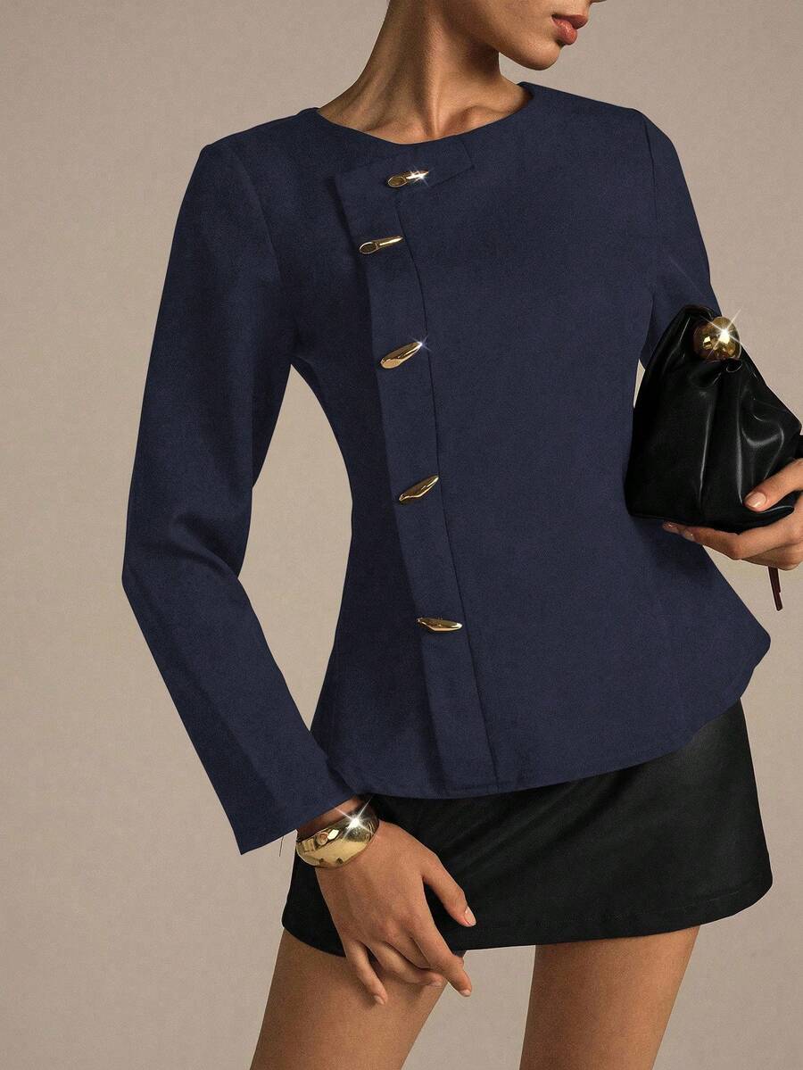 Modelyn NOVVYNE Woven Non-Stretch Black Long Sleeve Metal Button Fitted Outdoor Blouse, Fashionable & Elegant For Women Office Wear Commute - Navy Blue - View 1
