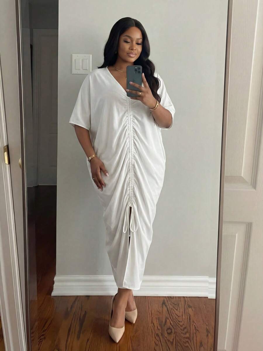 SHEIN Lady Spring And Summer Casual Elegant Boho Women's Plus Size White Crepe V Neck Front Center Gathered Robe Slit White Medium Short Sleeve Dress - White - View 1