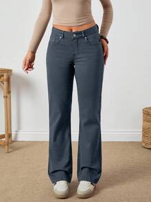 EURMUSE Mocha Brown Comfort Fabric Low Waist Straight Leg Denim Jean - Light Grey - View 6