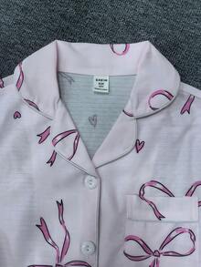Set pigiama cardigan con colletto arricciato e fiocco rosa, set pigiama carino per ragazze pre-adolescenti per il sonno autunnale, set pigiama abbinato con camicia a fiocco rosa per ragazze pre-adolescenti - Rosa - Visualizzare 3