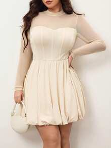 Hourglow Plus Size Women's Solid Color Round Neck Long Sleeve Mesh Fashion Dress/Autumn /Winter - Apricot - View 3