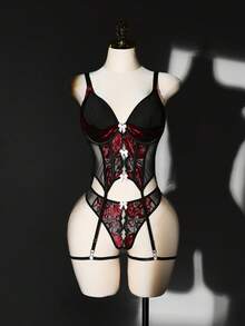 Spicy Aura 4 Peças Conjunto de Lingerie Sexy de Renda Plus Size - Preto - Visão 6