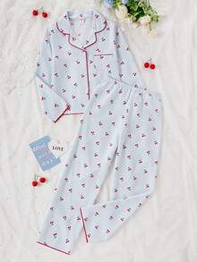 Genkimix Kids School Girl Pajamas - Cute Cherry Print Long Pants And Cardigan 2 Pieces Casual Loungewear Set For Tween Girls Cherry Pajama Set - Multicolor - View 4