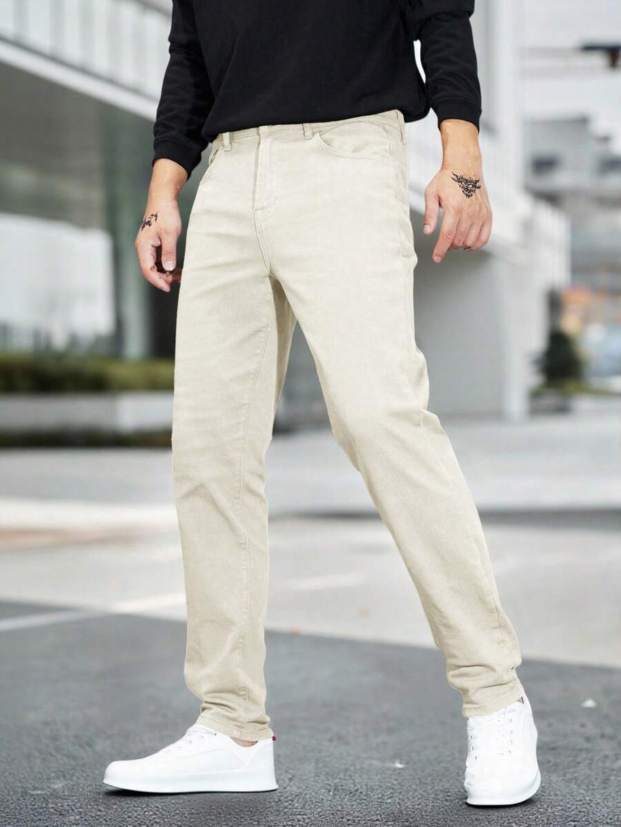 Manfinity Homme 大码男士休闲日常通勤简约纯色修身牛仔裤 - 米色 - 查看 1