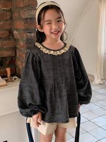 DAZY Young Girls Lace Round Neck Contrast Color Denim Effect Korean Style Long Sleeve Shirt Spring - Grey - View 3