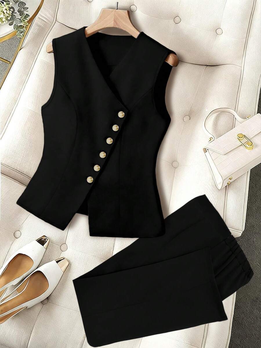 GlowEve CURVE Conjunto de 2 piezas talla grande para mujer: chaleco de un solo botonadura de unicolor y pantalones, conjunto casual para ir al trabajo - Negro - Ver 1