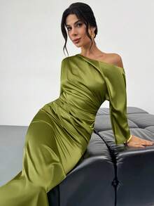 Firerie Đầm dài tay dáng đuôi cá, vai lệch bất đối xứng, xếp ly eo, tay dài, màu xanh trơn tối giản, thích hợp cho tiệc tùng, mùa xuân/thu/đông. - màu xanh lá - Xem 9