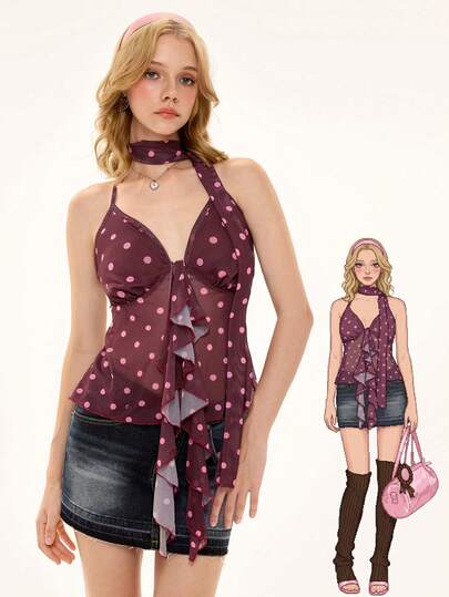 ROMWE Avant Débardeur femme rétro en mousseline de soie avec volants, à pois transparents et encolure ras-du-cou sexy