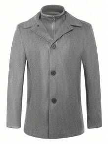 Manfinity Mode Áo khoác len pha trộn dài tay màu trơn thường ngày dành cho nam, cài hai hàng khuy, Thu/Đông - Màu Xám nhạt - Xem 3