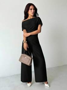 SHEIN PETITE Women's Summer New Arrival Simple Elegant Daily Casual Linen Commuter Wide Collar Off Shoulder Blouse And Wide Leg Pants Suit Off Shoulder Jumpsuit Wide Leg Jumpsuit - Black - View 5