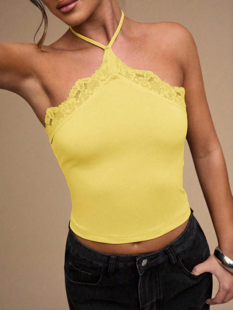 SHEIN BAE Kamisol Wanita Warna Polos Minimalis dengan Patchwork Renda dan Leher Halter - Kuning - View 1