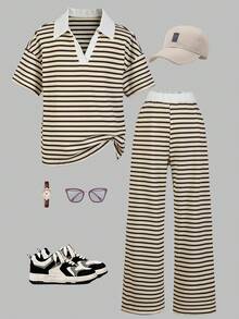 Mädchen Set aus strukturiertem Stoff gestreiftem Kontrast-Farbton Jacquard Poloshirt mit kurzen Ärmeln + Kontrast Taillenbund weite Hose, Lässig Outfit - Aprikosenfarben - Übersicht 4