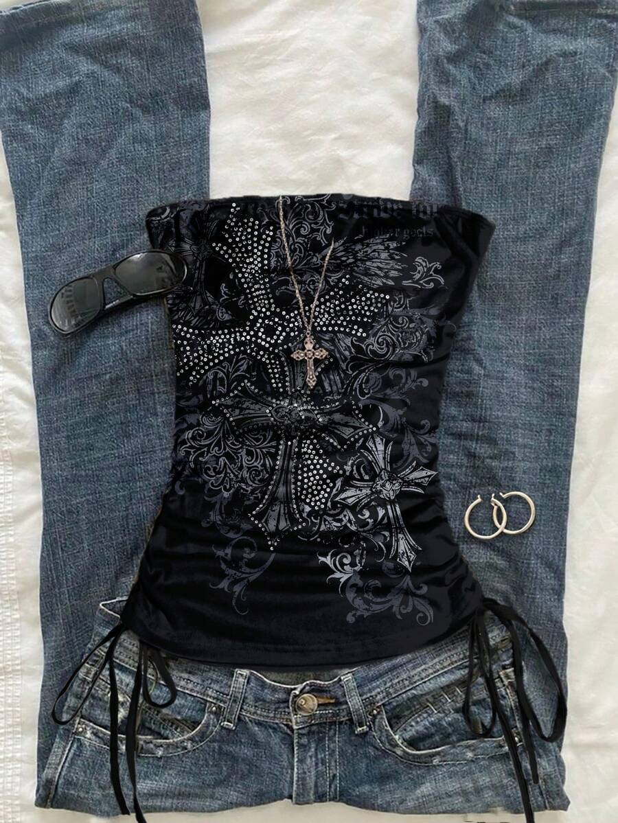 Attitoon 蓝色朋克翅膀十字印花抽绳系带露脐吊带背心 - 舒适的Y2K街头复古辣妹哥特风赛博朋克风，适合街头、演唱会、派对、约会、俱乐部、学校、假期等场合。 - 彩色 - 查看 1