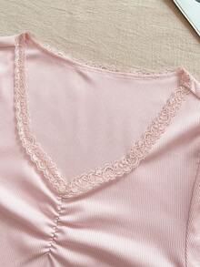 Rina Fox Áo thun dài tay họa tiết ren kẻ sọc dễ thương, thanh lịch, thời trang dành cho nữ - Hồng - Xem 3