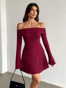 SHEIN Tall Đầm nữ màu đỏ tía trễ vai, đầm ngắn tay dài dáng chữ A, có túi giả, đầm dự tiệc. - Màu Đỏ Sâu - Xem 7