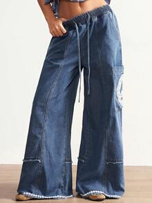 Bohemela 女士休闲纯色阔腿牛仔裤 宽松牛仔裤 带图案牛仔裤 - 藍色 - 查看 3