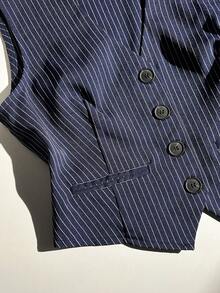 SHEIN Unity Navy Blue Vintage Striped Sleeveless V-Neck Vest Jacket, Spring/Summer - Navy Blue - View 4