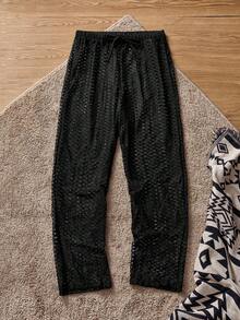 SWAVVY 男士针织休闲宽松松紧腰直筒裤，时尚日常穿着男士网眼裤男士网眼裤男士针织裤男士钩针裤男士钩针裤男士睡裤 - 黑色 - 查看 1