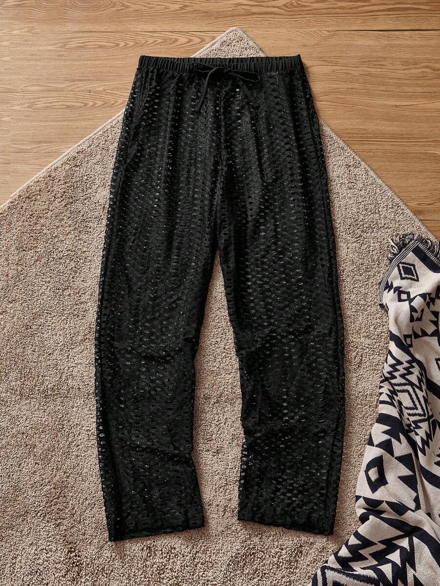 SWAVVY 男士针织休闲宽松松紧腰直筒裤，时尚日常穿着男士网眼裤男士网眼裤男士针织裤男士钩针裤男士钩针裤男士睡裤 - 黑色 - 查看 1
