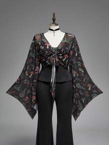 ROMWE Fairycore Áo nữ thời trang in hình nấm tối màu, tay loe - Nhiều màu - Xem 1