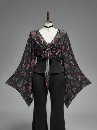 Fairycore Women's Fashion Dark Mushroom Plant Print Flare Sleeve Top