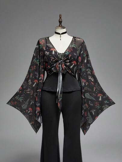 Fairycore Top évasé à imprimé de plante de champignon foncé pour femmes