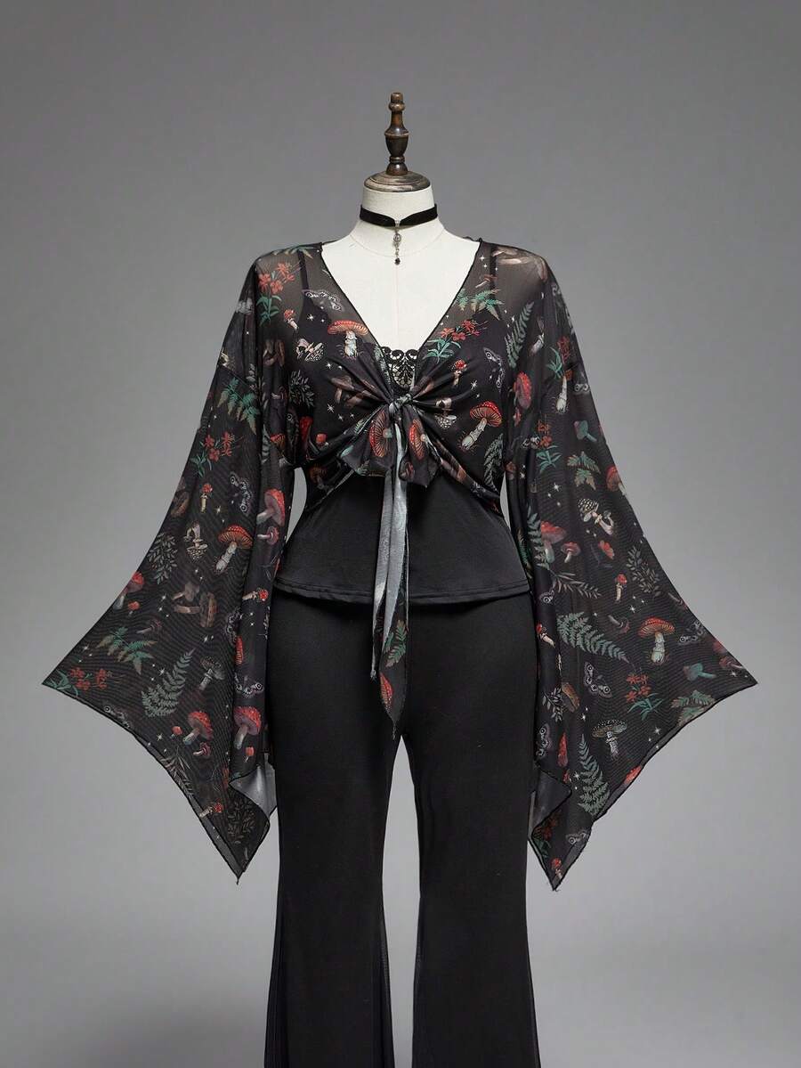 ROMWE Fairycore Áo nữ thời trang in hình nấm tối màu, tay loe - Nhiều màu - Xem 1