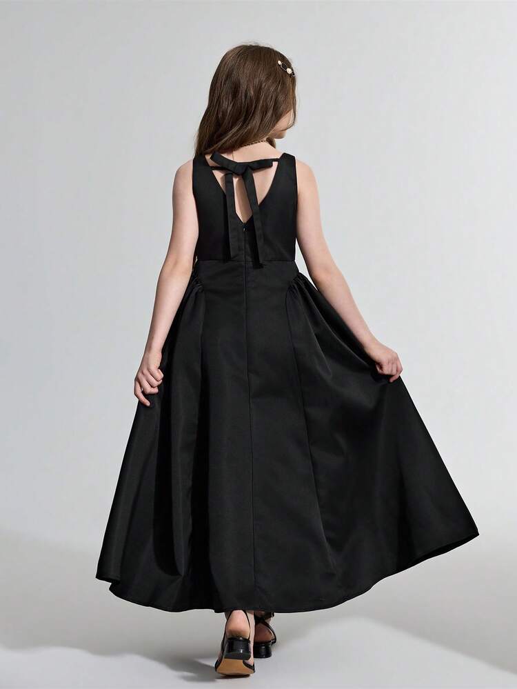 Tween Girl Bow Decor Casual Elegant Backless Dress
