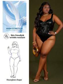 CurvyTilda 大码女式夏/秋季PU罩杯结构吊带背心连体衣 - 黑色 - 查看 9