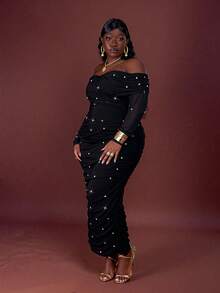 CurvyTilda Váy maxi dài dự tiệc lãng mạn hở vai đính ngọc trai thanh lịch cỡ lớn cho nữ, ngày lễ tình nhân - màu đen - Xem 3