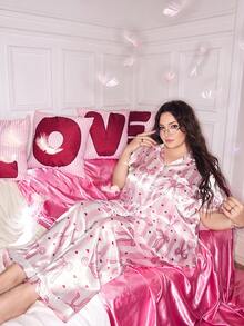 SweetSlumber Bộ đồ cỡ lớn bằng chất liệu giả lụa kẻ sọc, in hình nơ và trái tim, gồm áo tay ngắn và quần. - Hồng - Xem 4