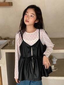 DAZY 少女纯黑色PU面料系带宽松休闲叠穿吊带背心 - 黑色 - 查看 3