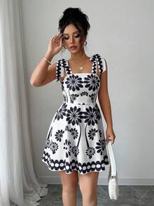 Elenzga 春夏新款时尚休闲度假系带印花小众束腰无袖吊带连衣裙（女款） - 黑色 - 查看 4