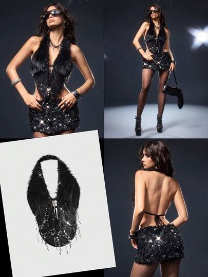 ROMWE Avant Sexy Deep V-Neck Sleeveless Sequin & Rivet Patchwork Crop Top, Suitable For New Year Party