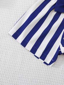 Elladie kids 两件套女童休闲无袖上衣和条纹短裤套装，蝴蝶结设计 - 藍色 - 查看 8